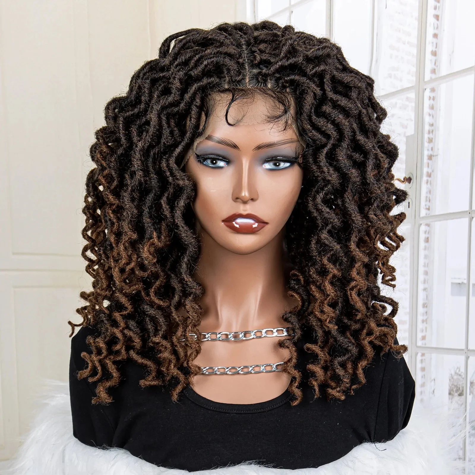 18 Inches Synthetic Full Lace Wig Short Bob Curly Wave Box Braided Wigs for African Women Heat Resistant Braiding Hair Wigs