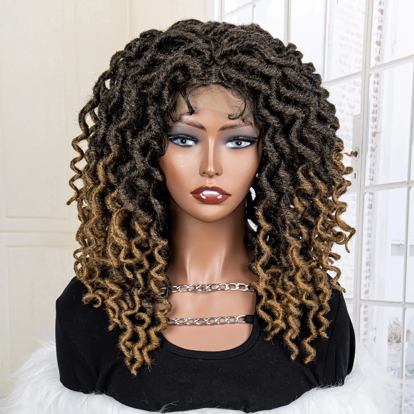 18 Inches Synthetic Full Lace Wig Short Bob Curly Wave Box Braided Wigs for African Women Heat Resistant Braiding Hair Wigs