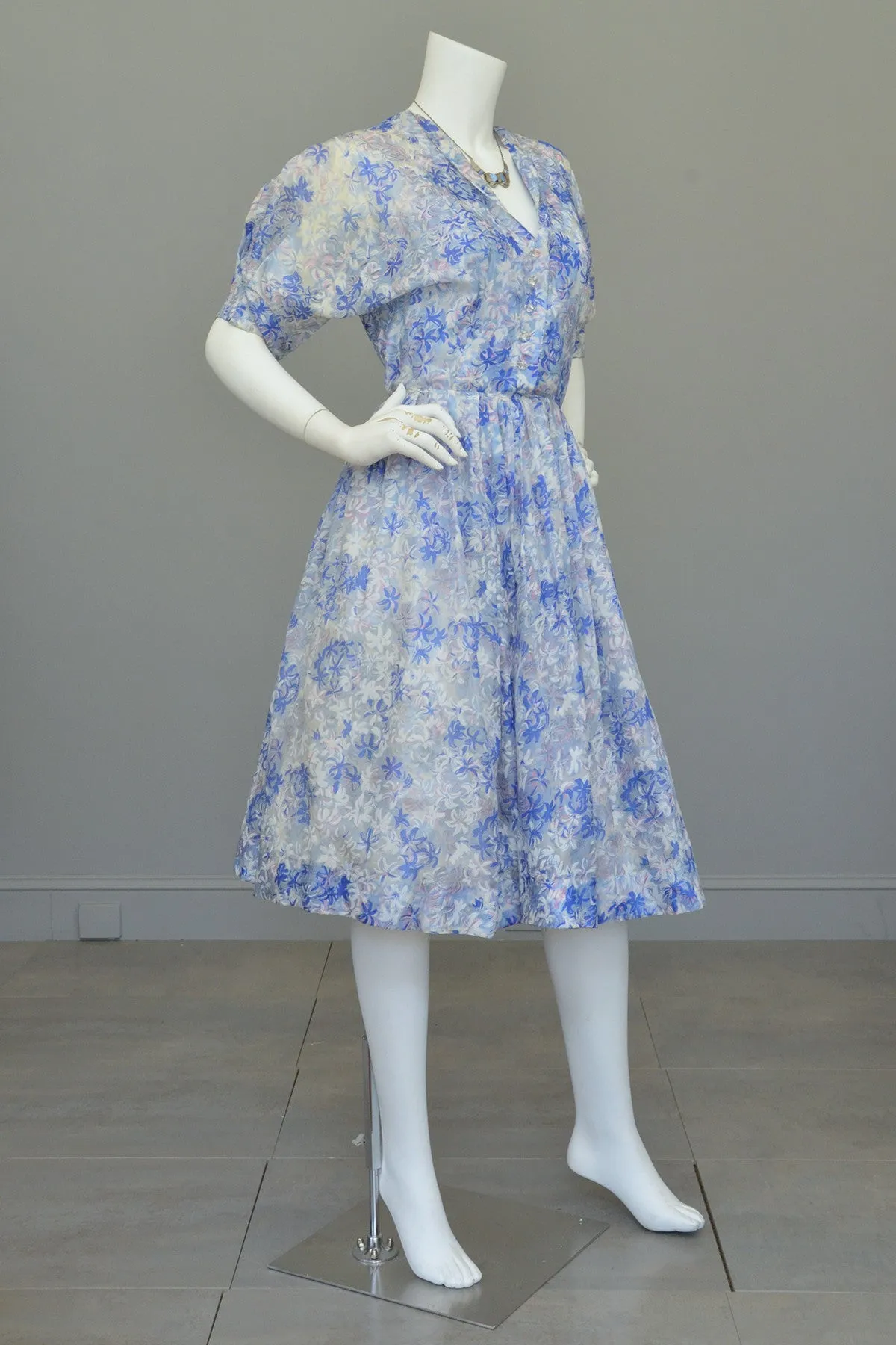 1940s 50s Semi Sheer Petal Print Two Piece Party Dress by Henry Rosenfeld