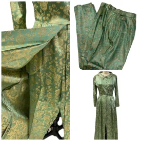 60's FLOBERT Rockabilly Lounge Set Long Robe/Cigarette Pants Green Gold Brocade