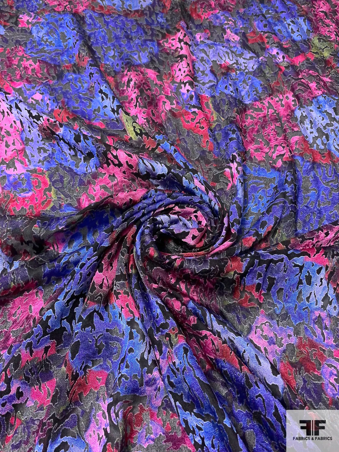 Abstract Burnout Polyester Chiffon - Indigo / Berry Pink / Black