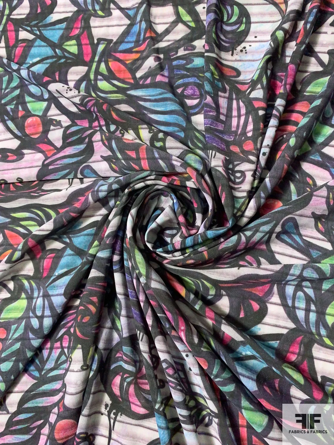 Abstract Graffiti Printed Stretch Nylon Power Mesh-Tulle - Multicolor