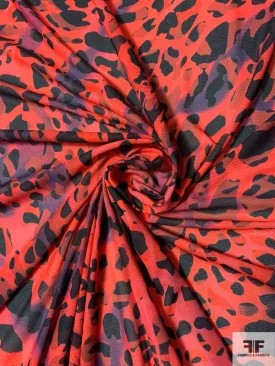 Abstract Printed Stretch Tulle - Fire Red / Black / Purple