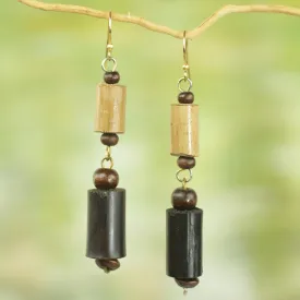 African Homestead Bamboo and Sese Wood Dangle Earrings Brass Hooks from Ghana