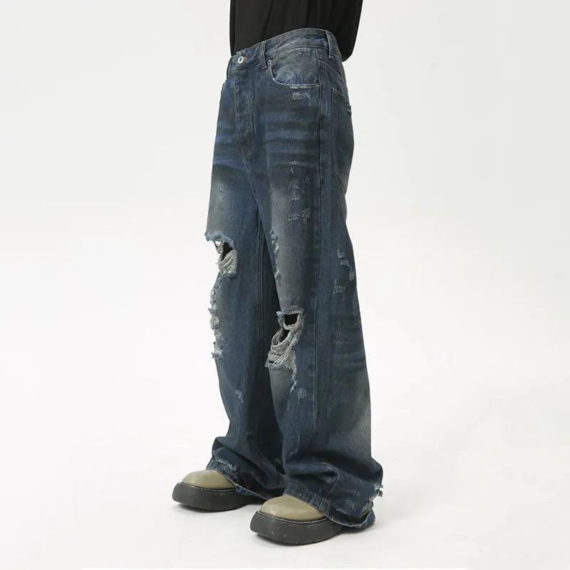 American Style Loose Men's Denim Pants Casual Straight Hole Zipper Male Jeans New Chic Summer Niche Design 9C6087