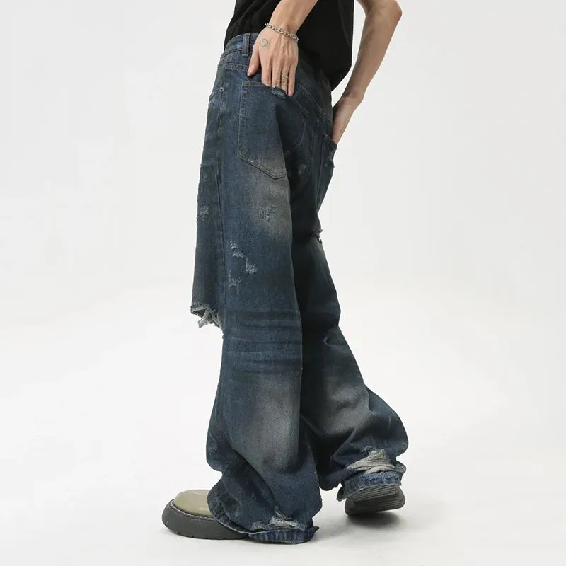 American Style Loose Men's Denim Pants Casual Straight Hole Zipper Male Jeans New Chic Summer Niche Design 9C6087