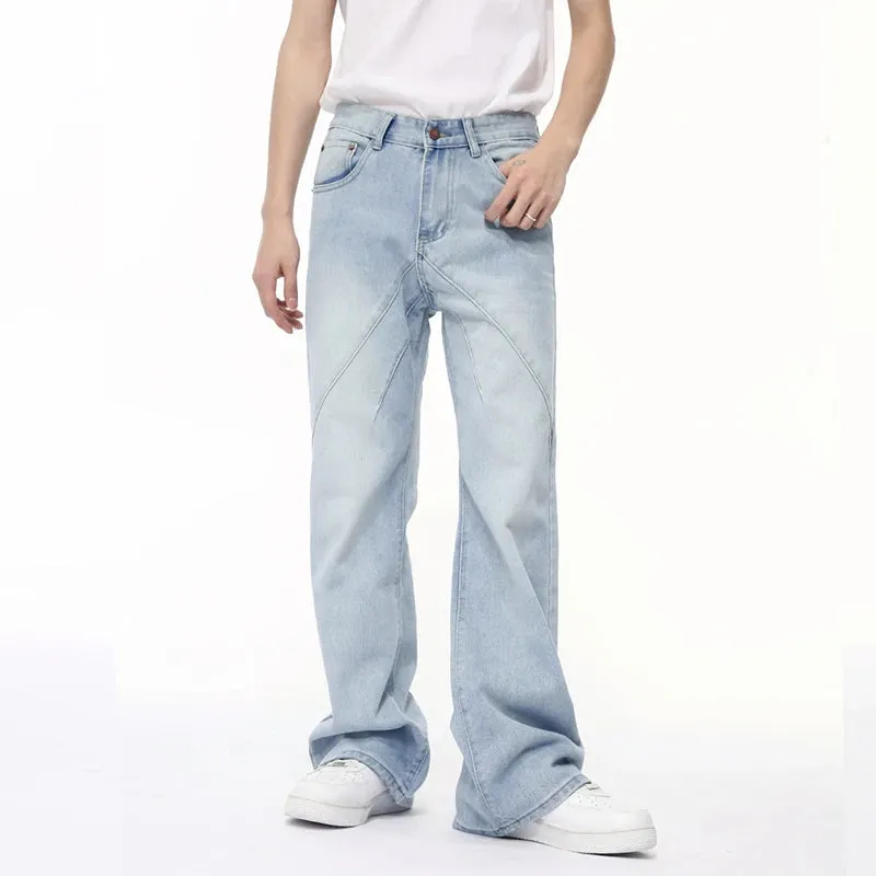 American Style Men's Jeans Patchwork Design Straight Casual Male Denim Pants Wide Leg Menwear Stylish 9C6400