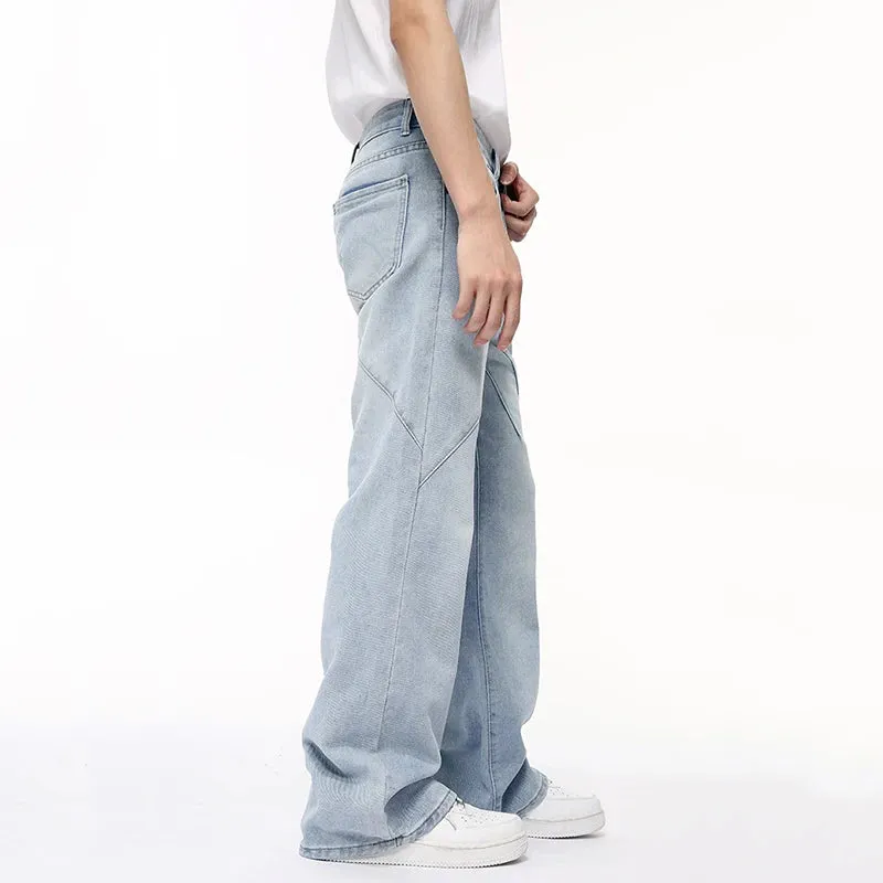 American Style Men's Jeans Patchwork Design Straight Casual Male Denim Pants Wide Leg Menwear Stylish 9C6400