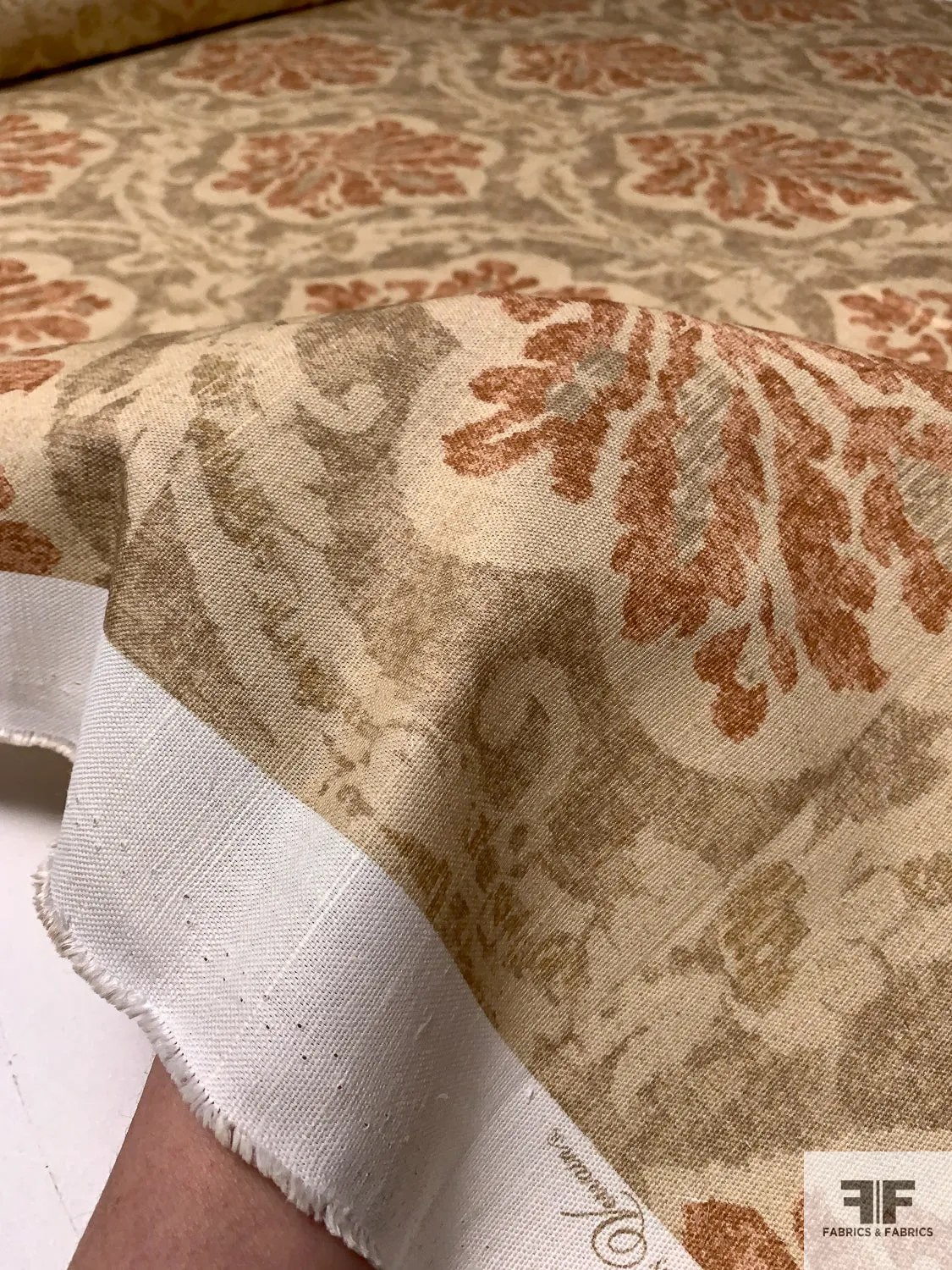 Antique-Look Damask Printed Linen-Weave Cotton - Earthy Tans / Rust / Coral