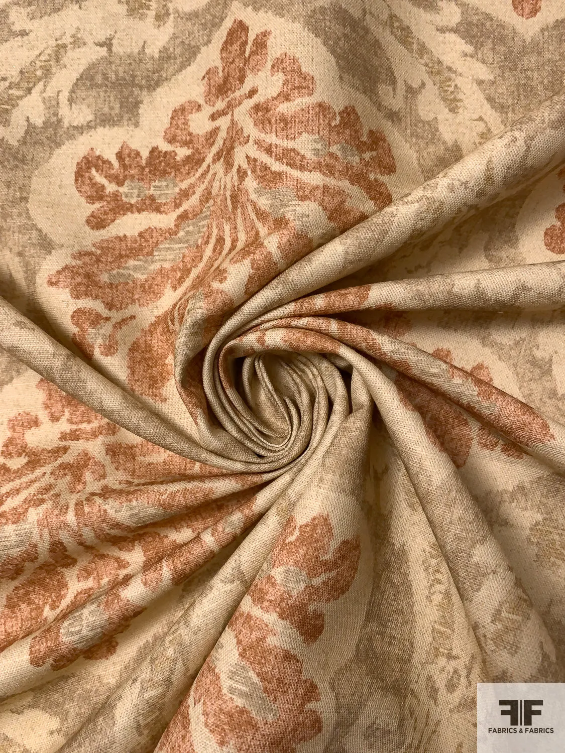 Antique-Look Damask Printed Linen-Weave Cotton - Earthy Tans / Rust / Coral