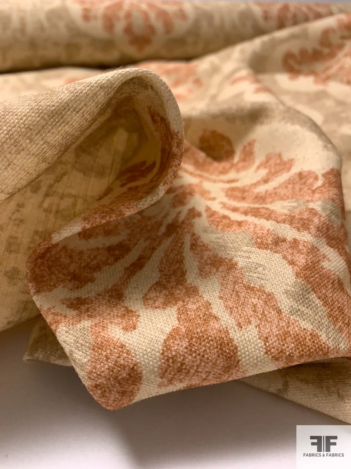 Antique-Look Damask Printed Linen-Weave Cotton - Earthy Tans / Rust / Coral