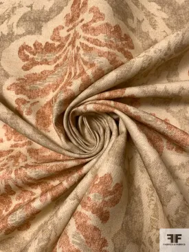 Antique-Look Damask Printed Linen-Weave Cotton - Earthy Tans / Rust / Coral