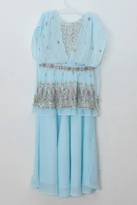 Attractive Mint Green Geometric Embroidery Tunic Top With Palazzo Suit Set For Girls