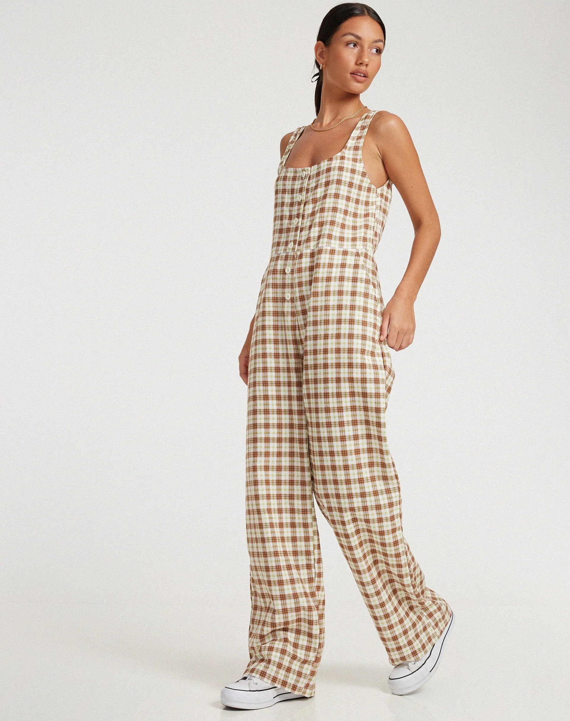 Beatrix Jumpsuit in Yellow Brown Check