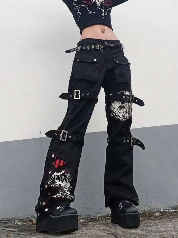 BerryBetty - Buckle Strap Printed Cargo Jeans