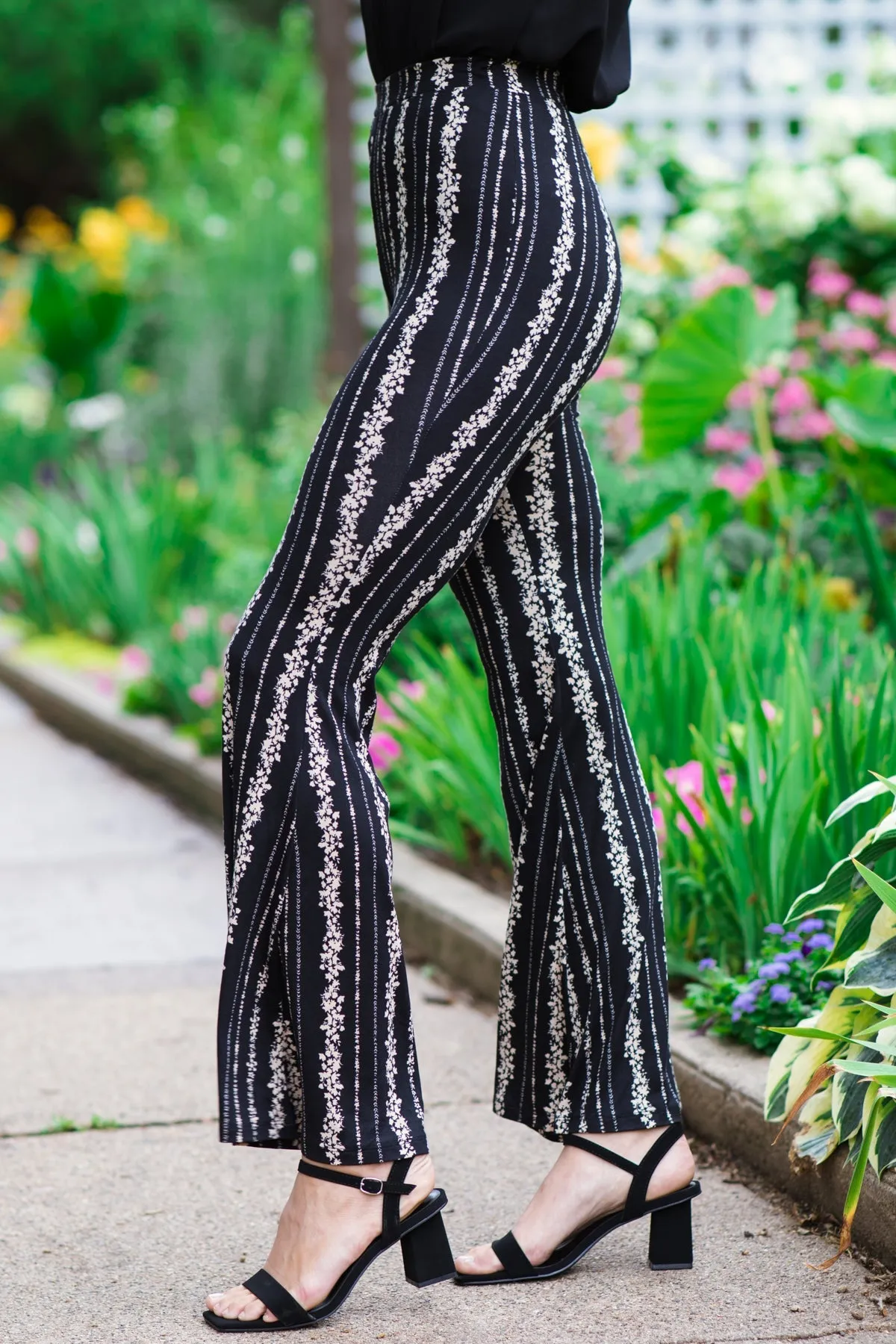 Black and Tan Floral Print Flare Pants
