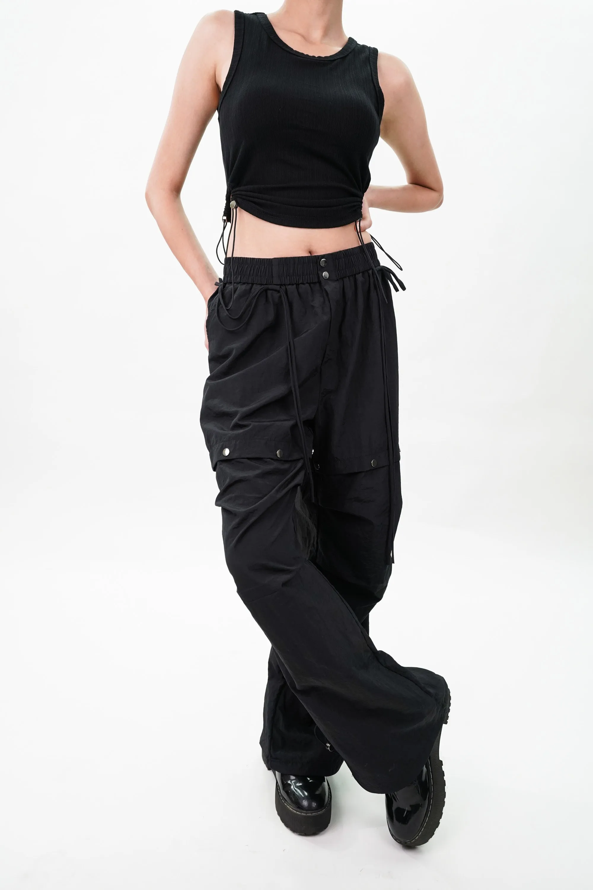 Black Drawstring Top and Cargo Coord Set