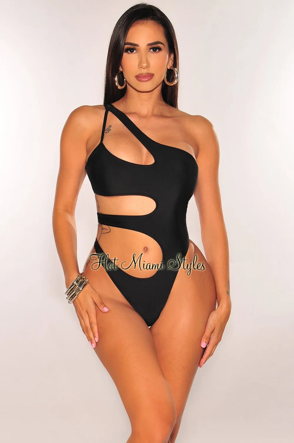 Black One Shoulder Cut Out Swimsuit