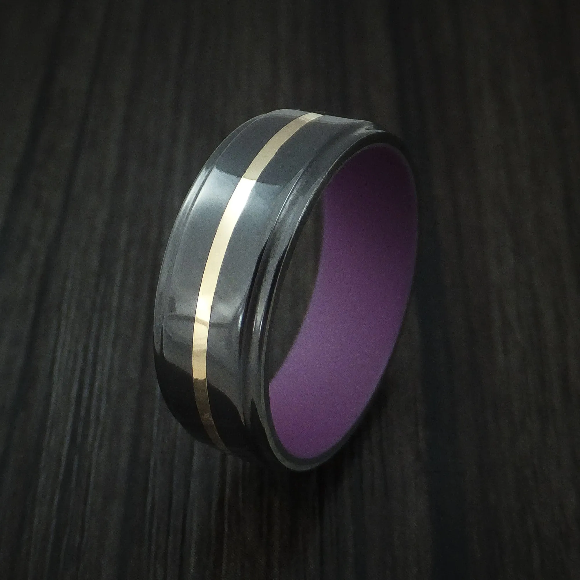 Black Titanium with 14k Yellow Gold and Wild Purple Cerakote Sleeve Custom Made Men's Band