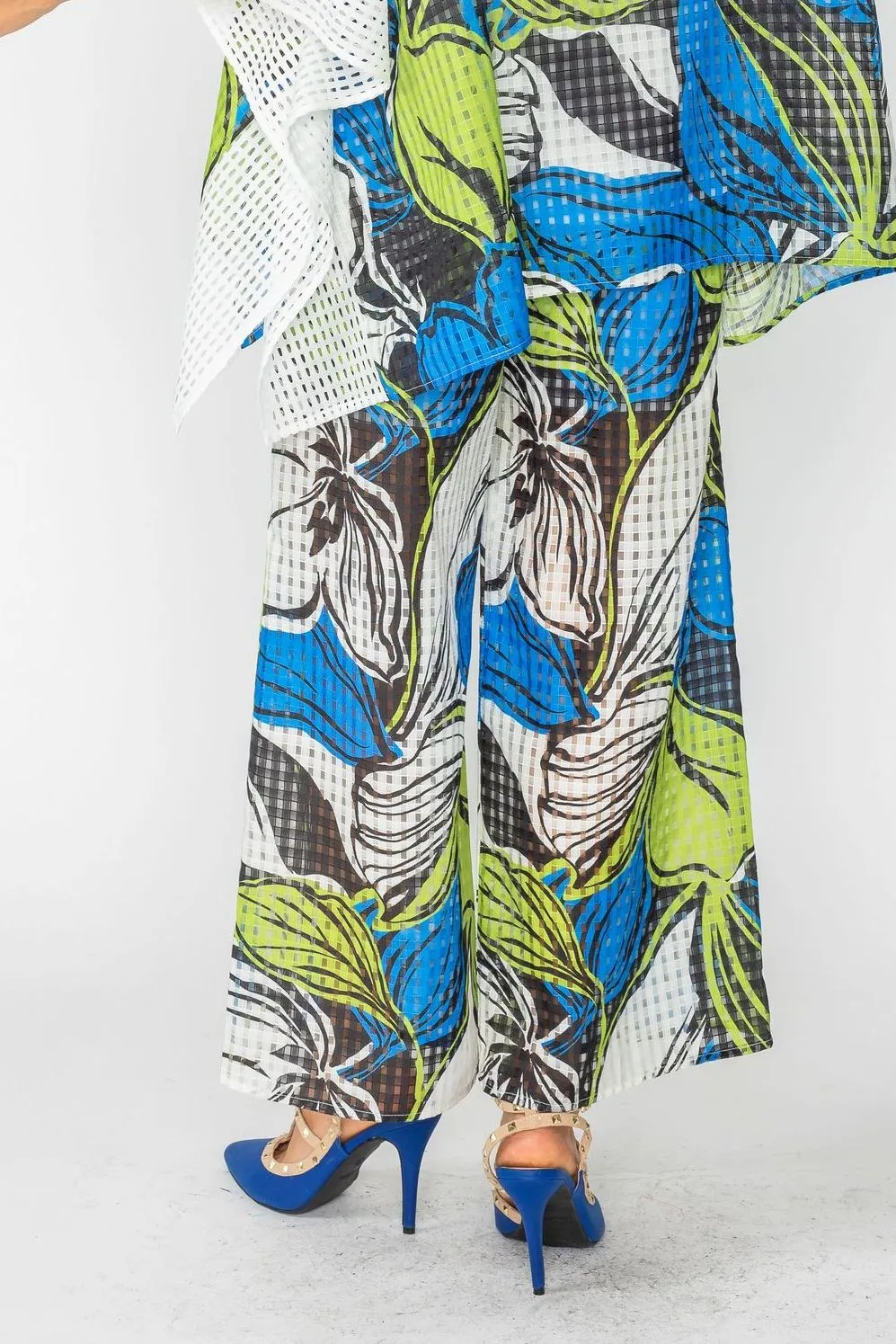 Blue Perforated Wide-Leg Pants