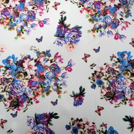 Blue Roses on White Background Printed Polyester Mikado Fabric