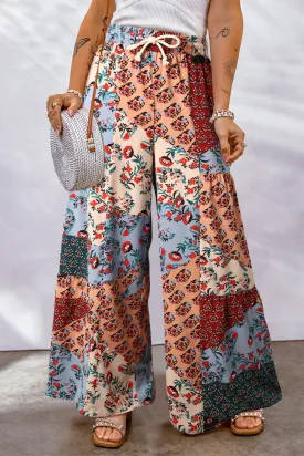 Boho Patchwork Print Drawstring Wide Leg Pants