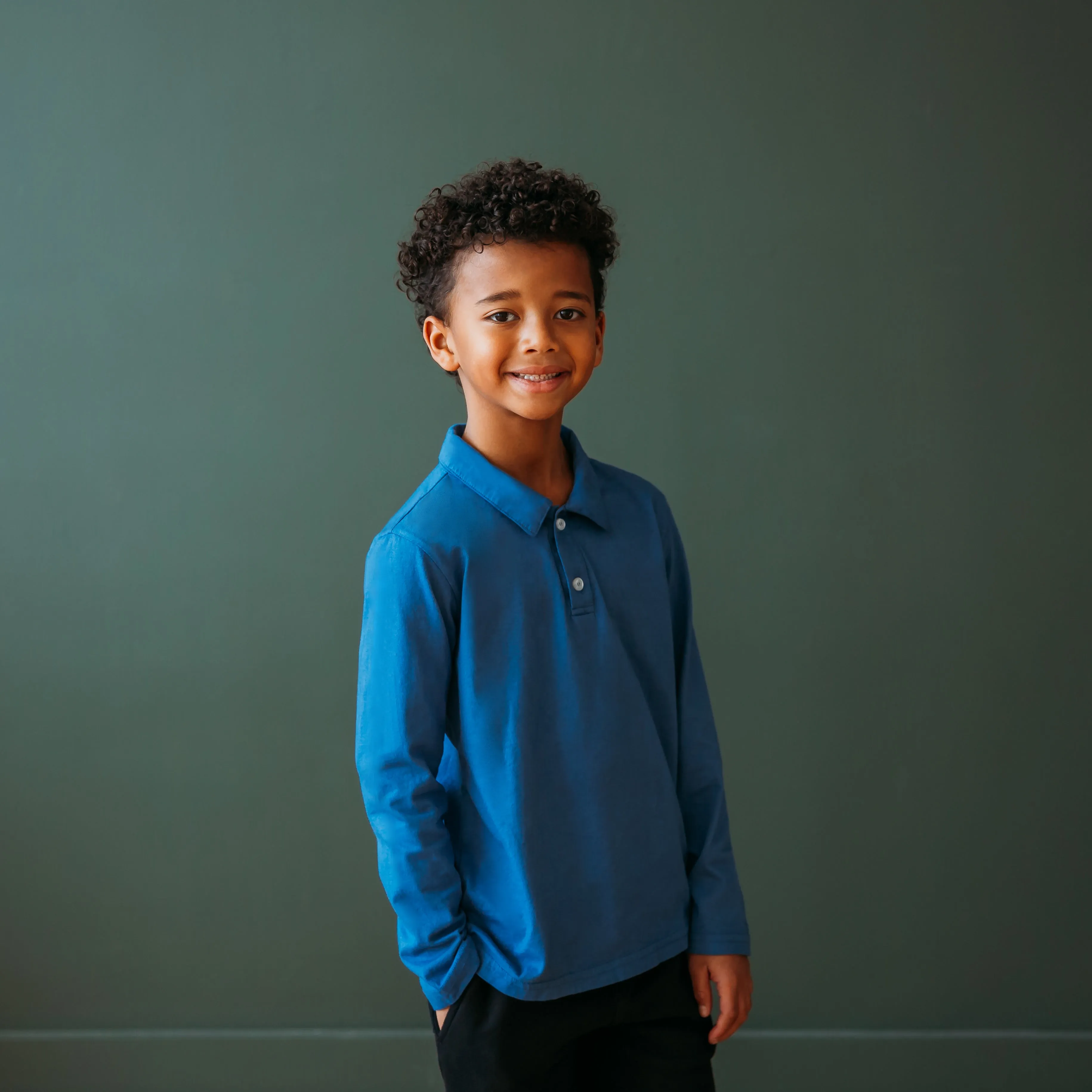 Boys Soft Cotton Jersey 2-Button Long Sleeve Polo Shirt | Dark Navy