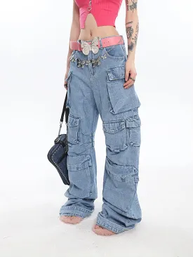 Cory Denim Blue Vintage Multi Pocket Wide Leg High Waist Jeans Cargo Pants