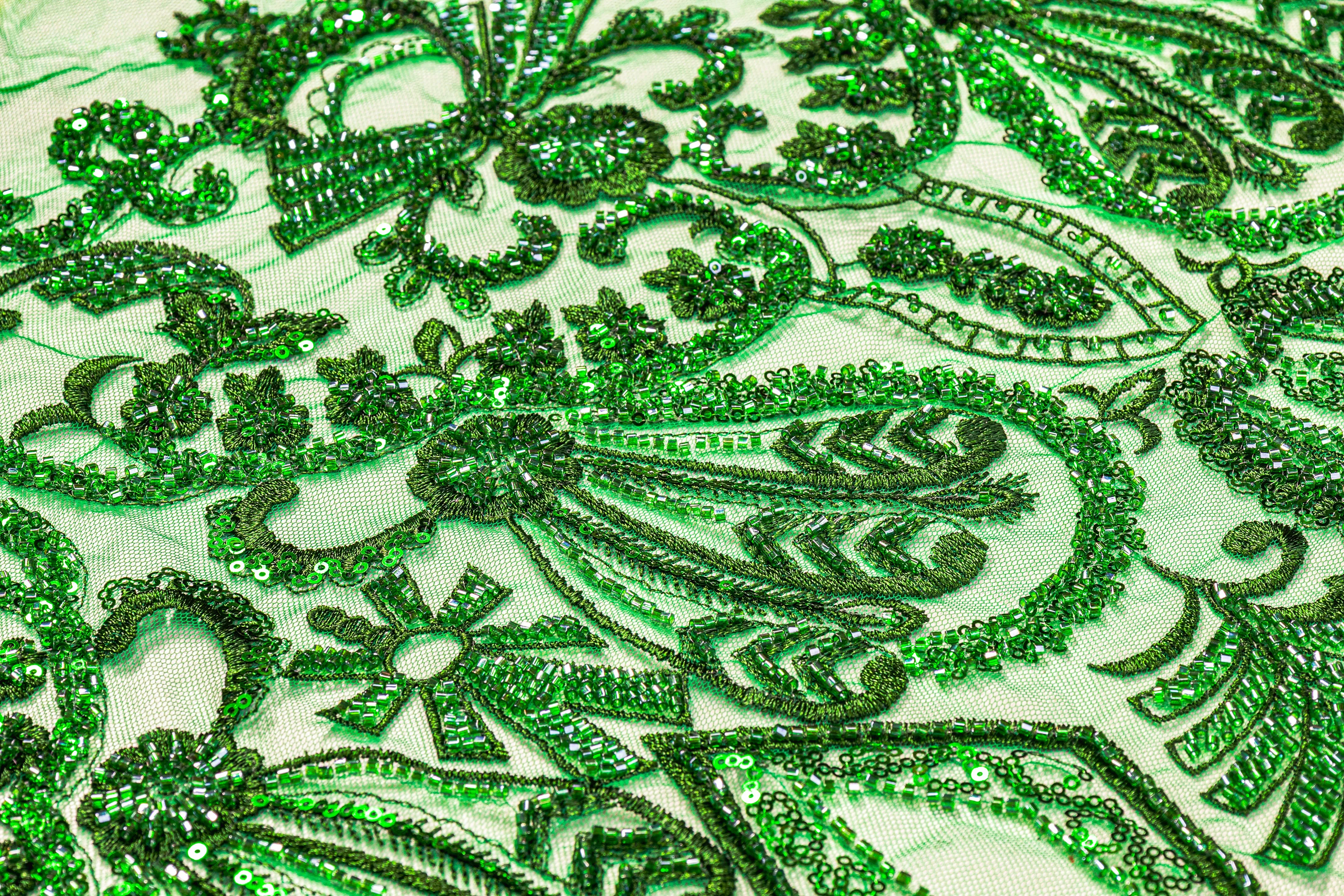 Damask Beaded and Embroidered Tulle - Green