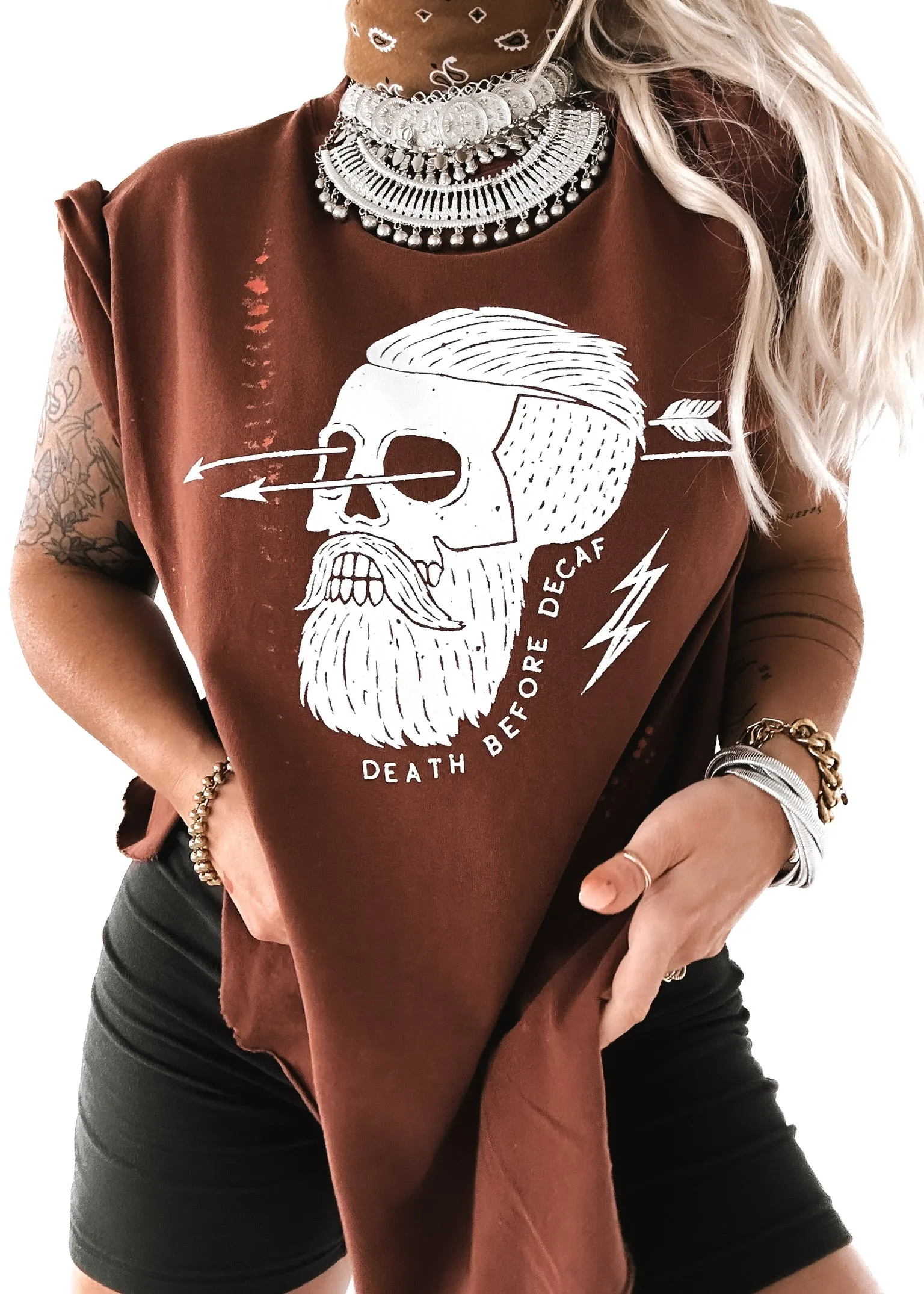 DEATH BEFORE DECAF BLEACHED OUT SIDE SLIT TEE