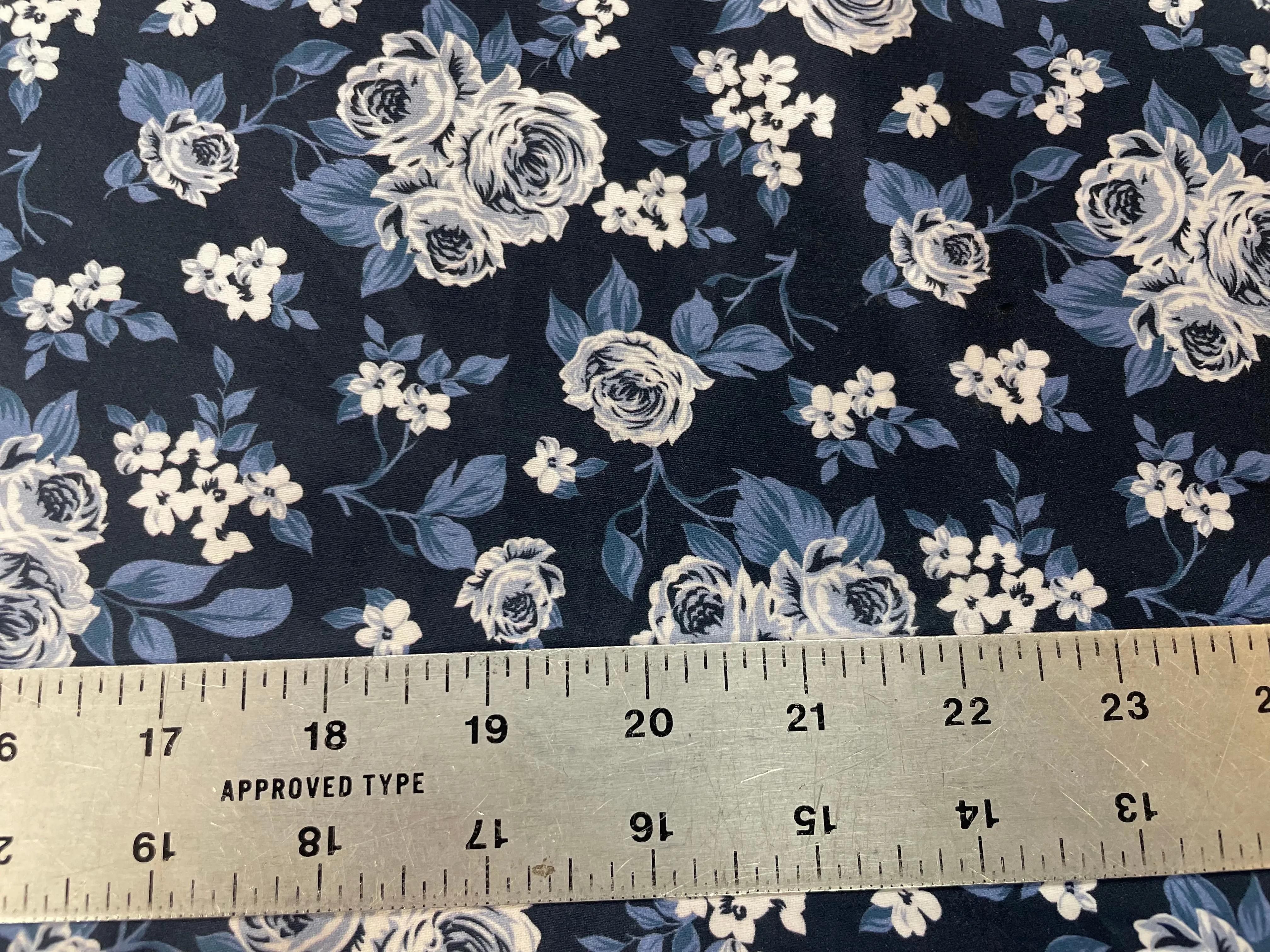 Floral Print Cotton Calico Satin Finish - Blue, Black & White