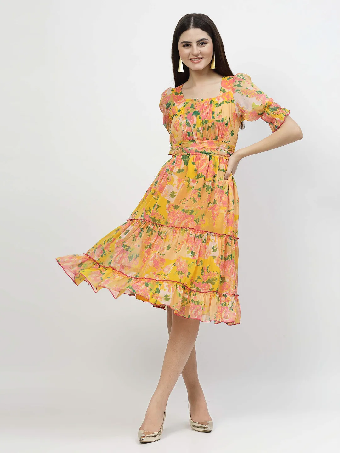 Floral Printed Chiffon Women's Tiered Dress