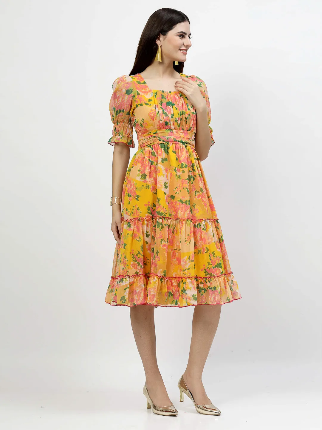 Floral Printed Chiffon Women's Tiered Dress