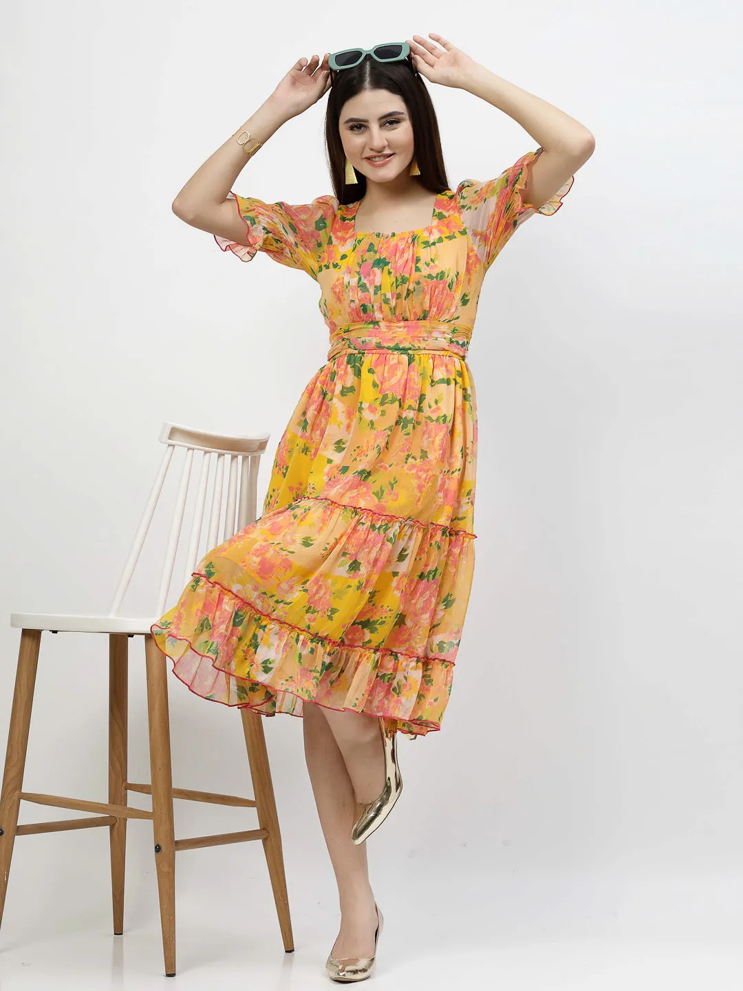 Floral Printed Chiffon Women's Tiered Dress