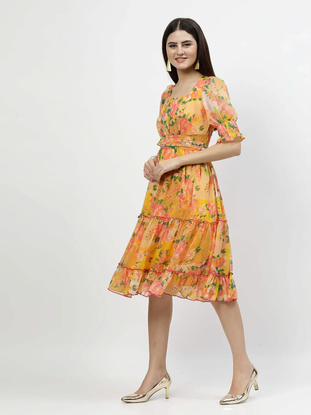 Floral Printed Chiffon Women's Tiered Dress