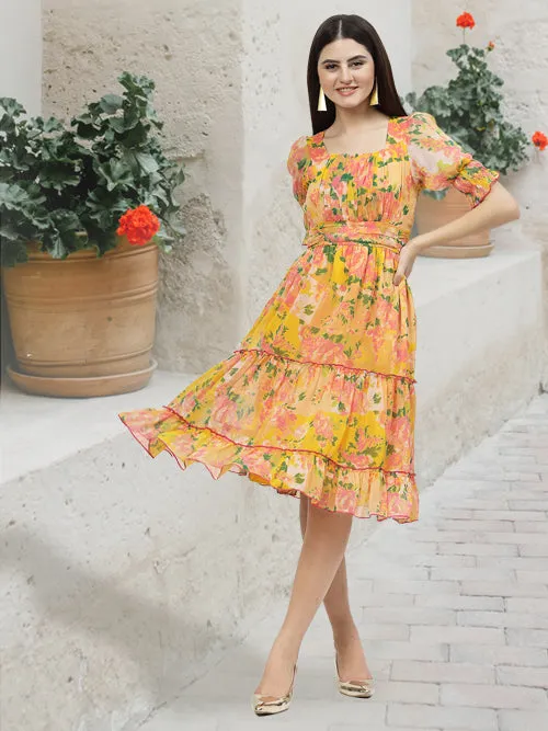 Floral Printed Chiffon Women's Tiered Dress