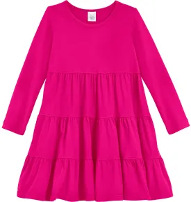 Girls Soft Cotton Jersey Long Sleeve Tiered Dress | Hot Pink