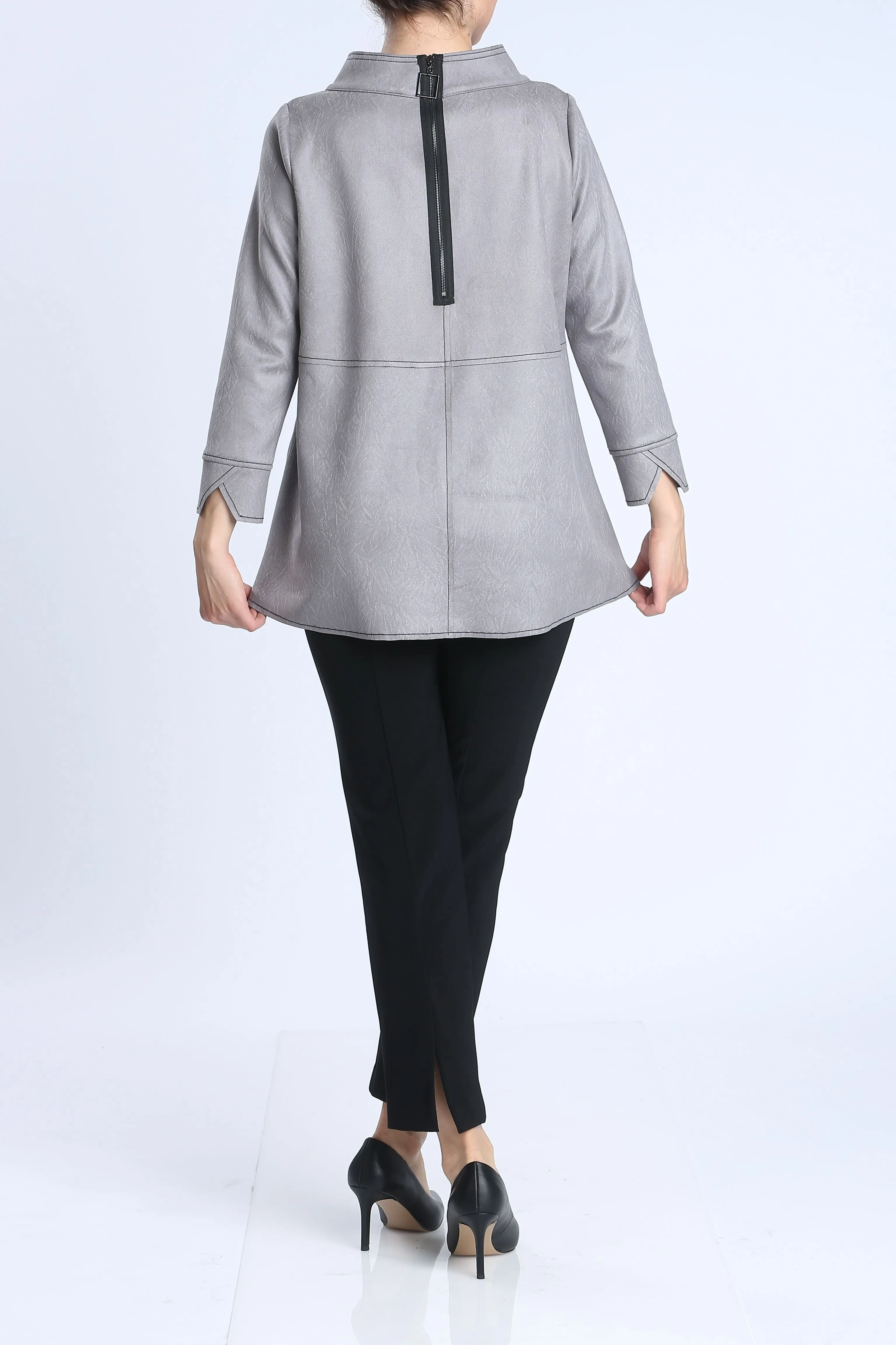 Gray High Neck Contrast Stitching Top