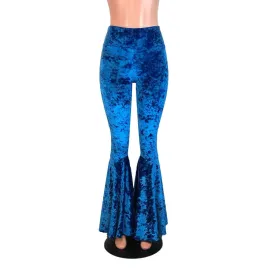 Luxurious Royal Blue Crushed Velvet High-Waisted Bell Bottom Flares for a Trendy Look