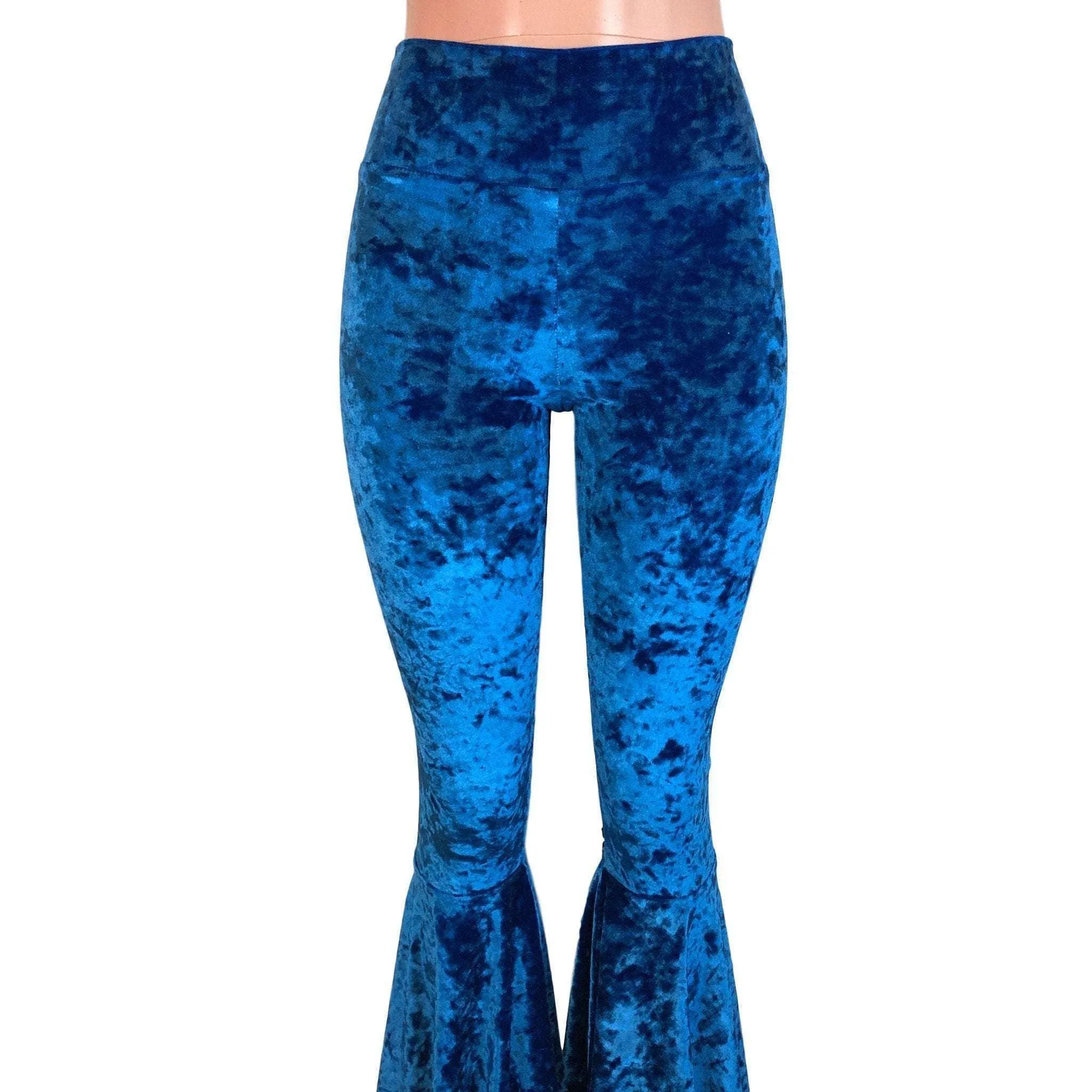 Luxurious Royal Blue Crushed Velvet High-Waisted Bell Bottom Flares for a Trendy Look