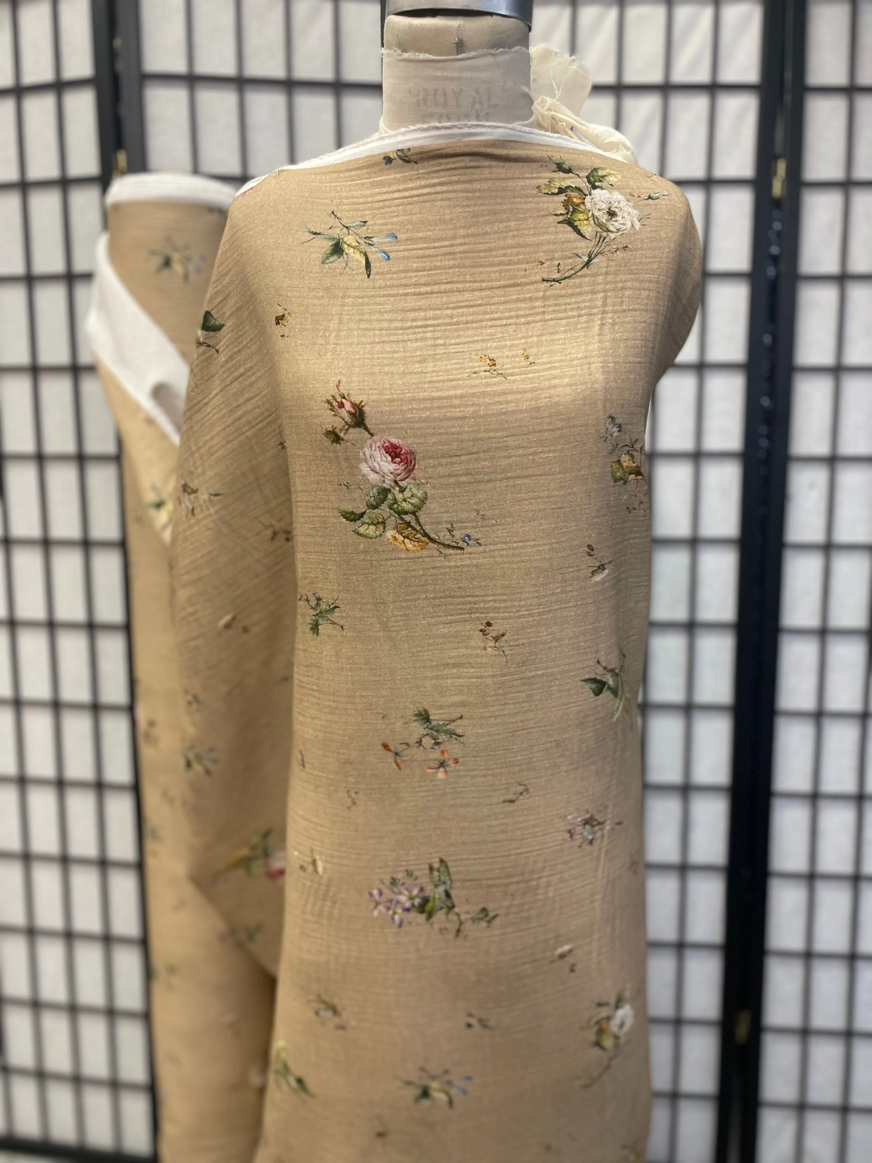 Italian Floral Print Double Layered Cotton - Khaki / Pink / Yellow / Cream