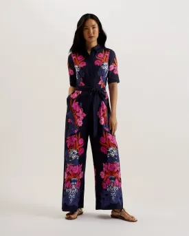 Kimmyko Open Collar Wide Leg Jumpsuit Dk-Blue