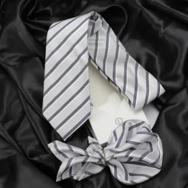 Kovove White Striped Necktie and Pocket Square Gift Box