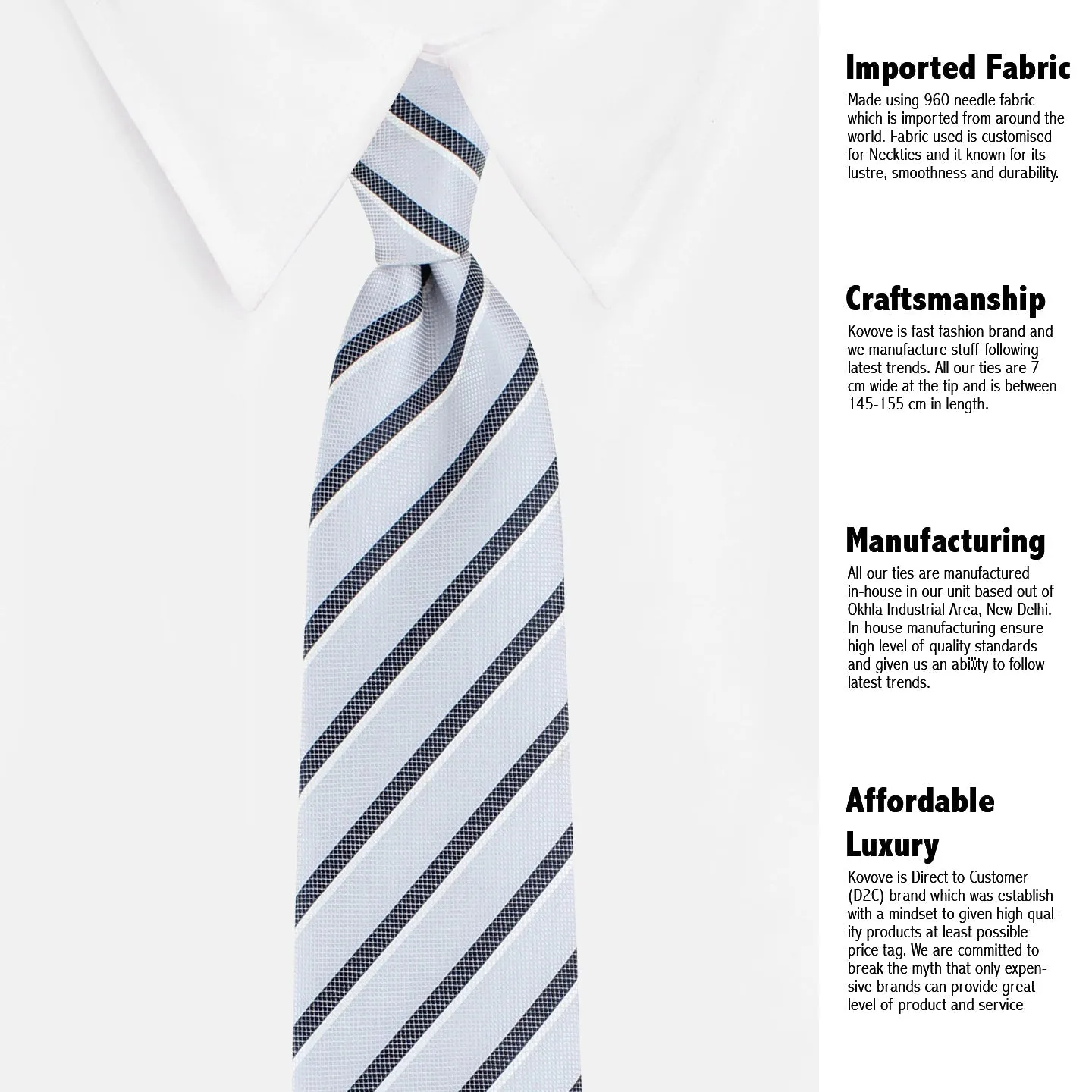 Kovove White Striped Necktie and Pocket Square Gift Box