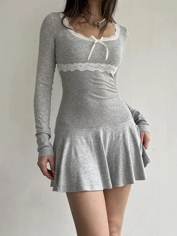 Lace Splice Bow Decor Square Neck Mini Dress