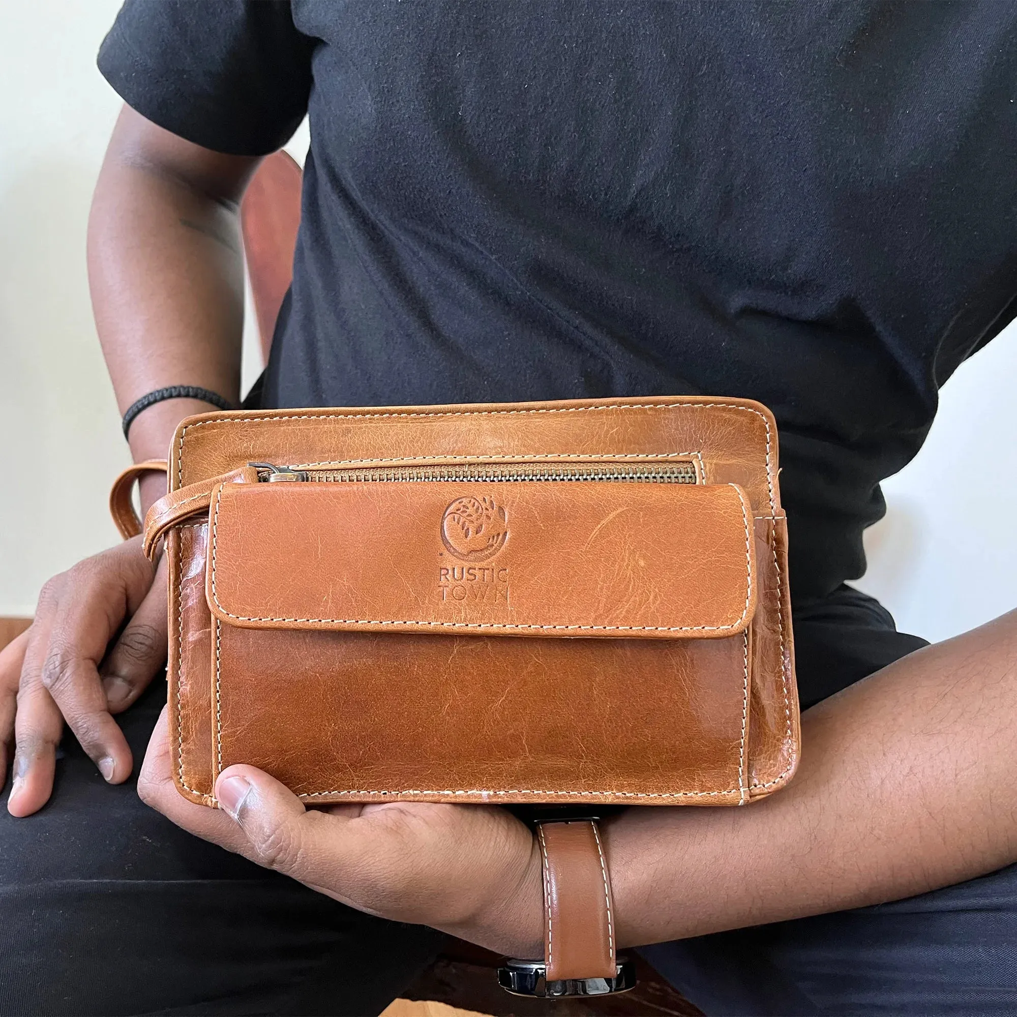 Leather Wrist Bag for Men - Compact Travel Murse Clutch Wallet