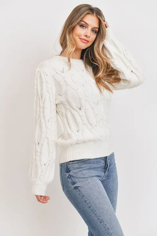 Off White Pearl Embellished Cable Knit Sweater