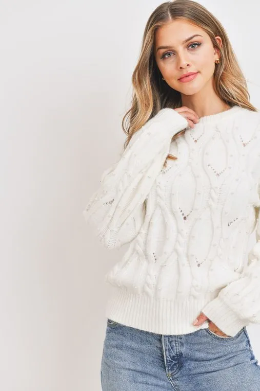 Off White Pearl Embellished Cable Knit Sweater