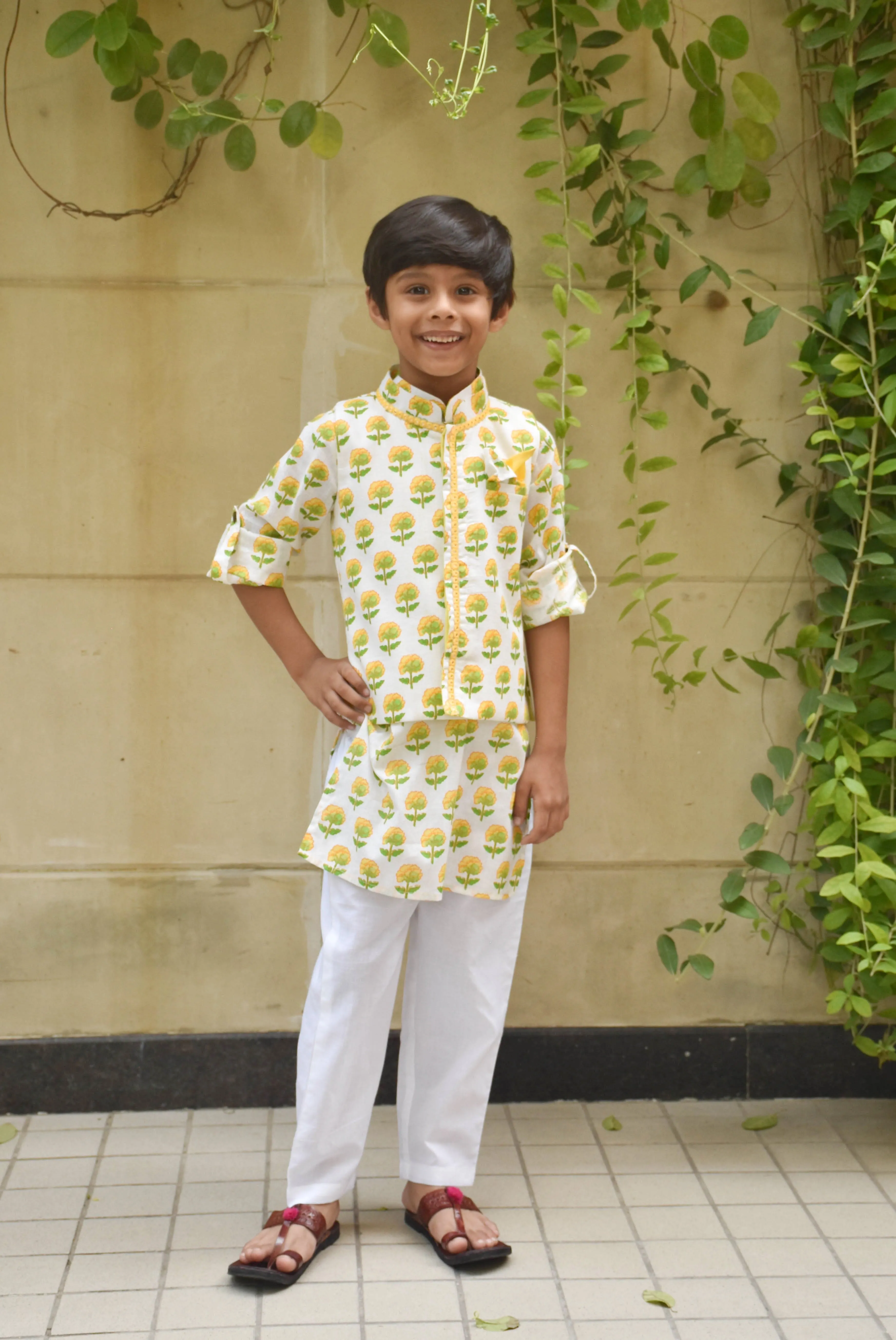 Pre Order: Flower Printed Nehru Jacket and Kurta with Pant