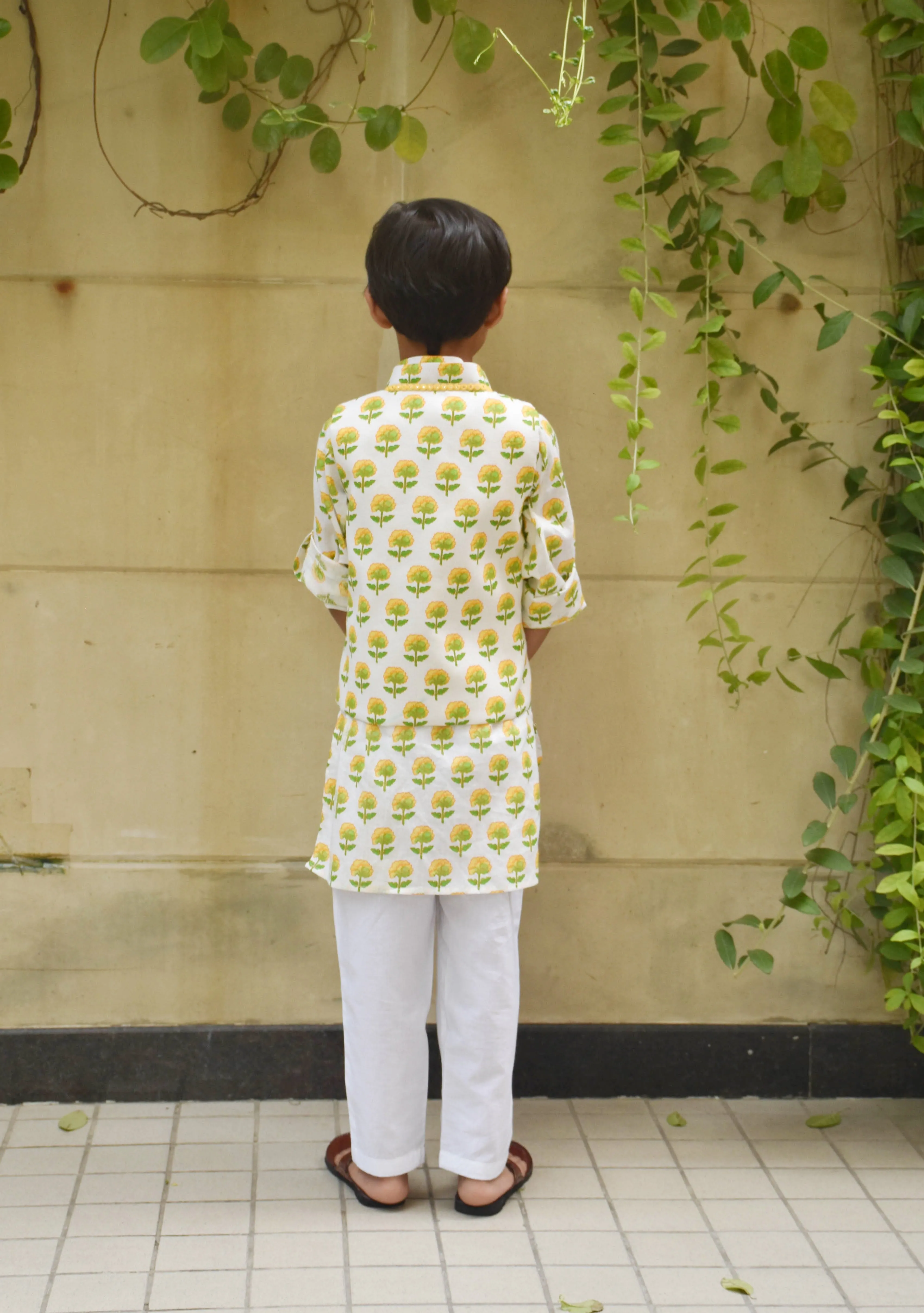 Pre Order: Flower Printed Nehru Jacket and Kurta with Pant